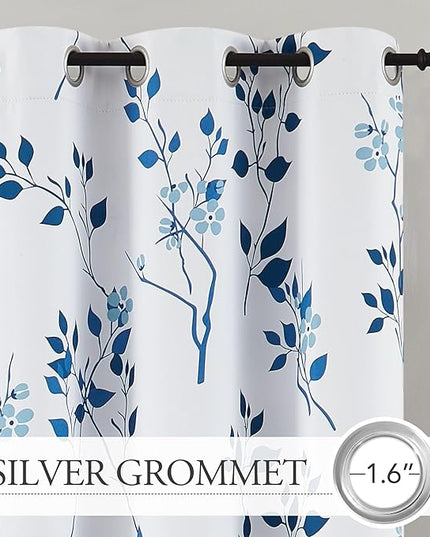 Beauoop Floral 100% Blackout Curtains 54 Inch Length 2 Panels for Bedroom Living Room Navy Blue and White Flower Patterned Room Darkening Thermal Soundproof Grommet Window Treatments Drapes, 52X54