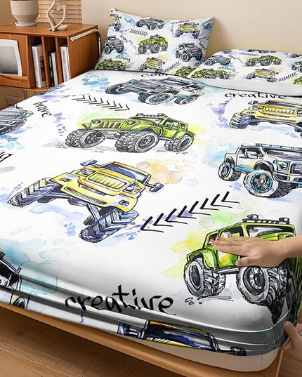 AILONEN Monster Trucks White Fitted Sheet Set Twin Size, Tie Dye Truck Car Printed Bedding Set for Kids,Boys,Monster Jam Bedsheets Set,3-Piece, 1 Fitted Sheet and 2 Pillowcases