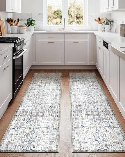 jinchan Kalen Runner Rug 3x8-2pcs Washable Hallway Rug Vintage Indoor Thin Retro Floor Cover Distressed Floral Country Lightweight Non Slip Carpet for Entryway Bathroom Kitchen Bedroom Stairway Blue