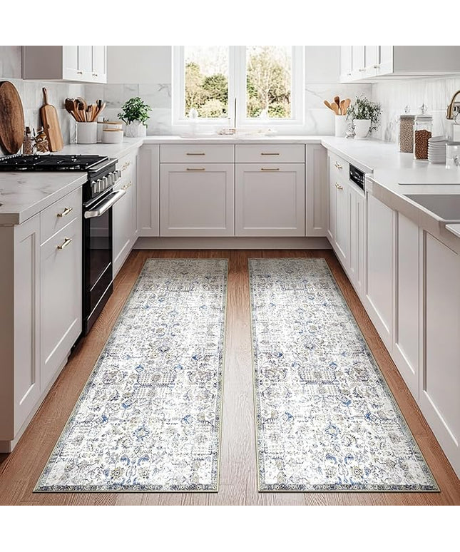 jinchan Kalen Runner Rug 3x8-2pcs Washable Hallway Rug Vintage Indoor Thin Retro Floor Cover Distressed Floral Country Lightweight Non Slip Carpet for Entryway Bathroom Kitchen Bedroom Stairway Blue
