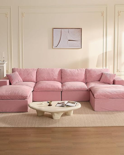 137.8” Sectional Couches for Living Room, Cloud Couch, Modular Sectional Sofa, Convertible Sofas Bed, Deep Seat Sofa, U Shaped Cozy Sofa Furniture Set, Corduroy, Pink