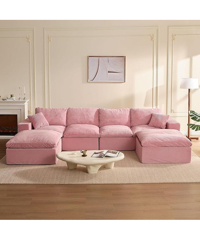 137.8” Sectional Couches for Living Room, Cloud Couch, Modular Sectional Sofa, Convertible Sofas Bed, Deep Seat Sofa, U Shaped Cozy Sofa Furniture Set, Corduroy, Pink
