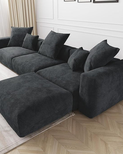JACH Modern Corduroy Sectional Couch, Modular Sectional Sofa with Chaise Ottoman, Cushion Covers Removable, Oversized Deep Seat Soft Couches for Living Room, Office (Black)