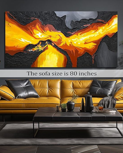 GUGIKA Extra Large Abstract Wall Art for Living Room, Hand Painted 3D Textured Magma Paintings, Black and Gold Yellow Volcanic Lava Canvas Wall-Decor for Bedroom, Size 80x40 Inches