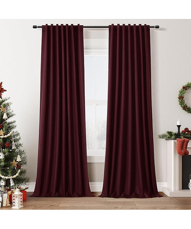 Guken Blackout Curtains 120 Inch Length 2 Panels Set for Living Room Bedroom Back Tab Thermal Insulated 100% Black Out Linen Drapes Boho Christmas Decor,Burgundy 52x120
