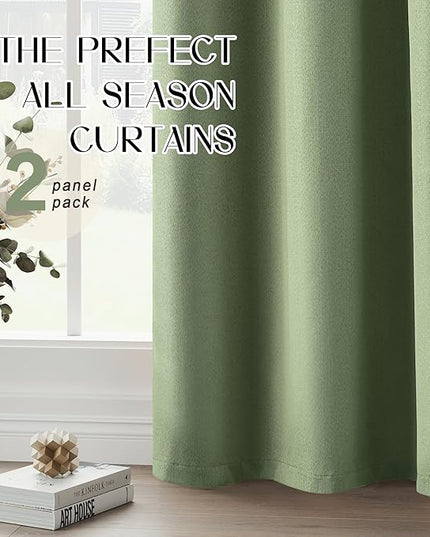 100% Blackout Green Curtains 102 Inches Long, Complete Light Blocking Linen Look Curtains, Floor to Ceiling Patio Door Grommet Drapes for Dining Room, Sage Green, W52 x L102, 2 Panels