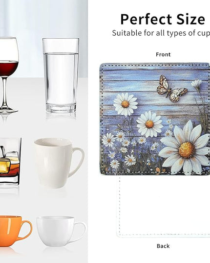Marble Coasters Square Leather Drinks Coaster Set with Holder for Coffee Table Bar Home Decor 4 Inches Set of 6 (Butterfly, One Size)