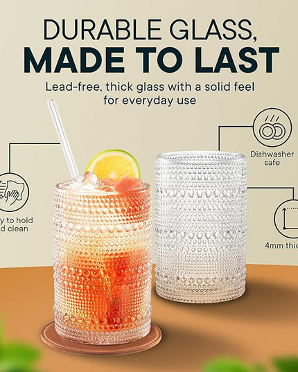 15 OZ Hobnail Drinking Set of 12 – Vintage Embossed Glassware, Textured Tumblers for Water, Beer, Cocktails, Mocktails, Whiskey & More – Includes Straws and Coasters – Clear