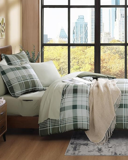 MaiRêve Plaid Queen Comforter Sets Olive Green, Classic Farmhouse Bedding Set Bed in a Bag 7 Pieces, Lightweight All Season Comforter Set with Fitted & Flat Sheet, Pillowcases & Shams