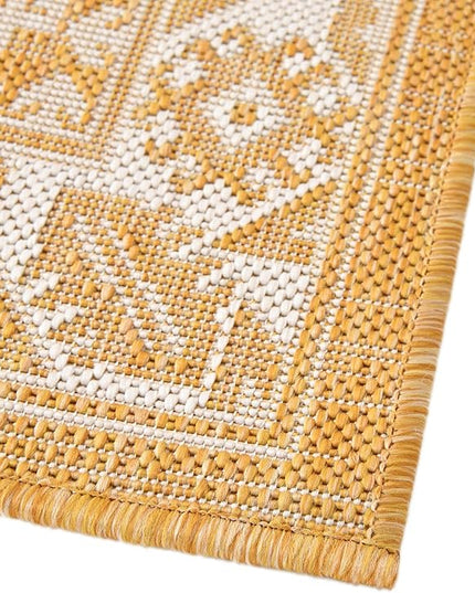Rugs.com Outdoor Aztec Collection Rug – 12 Ft Runner Yellow Flatweave Rug Perfect for Hallways, Entryways