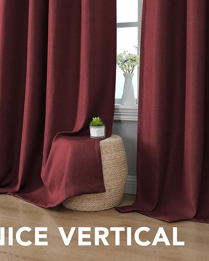 H.VERSAILTEX Room Darkening Linen Curtain for Sliding Door (100" W x 108" L) Extra Wide Primitive Burlap Linen Room Divider Curtain for Living Room/Patio (9ft Tall by 8.5ft Wide, Heather Burgundy)