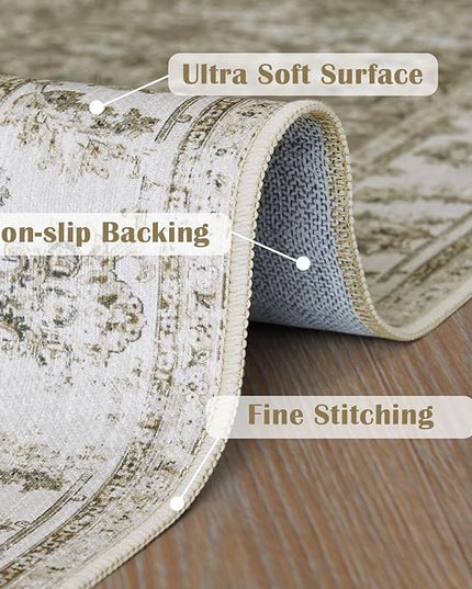 jinchan Fiora Runner Rug 3x10-2pcs Kitchen Washable Vintage Hallway Rug Floral Print Floor Cover Indoor Thin Retro Mat Accent for Bathroom Laundry Room Bedroom Office Farmhouse (Double, Taupe)