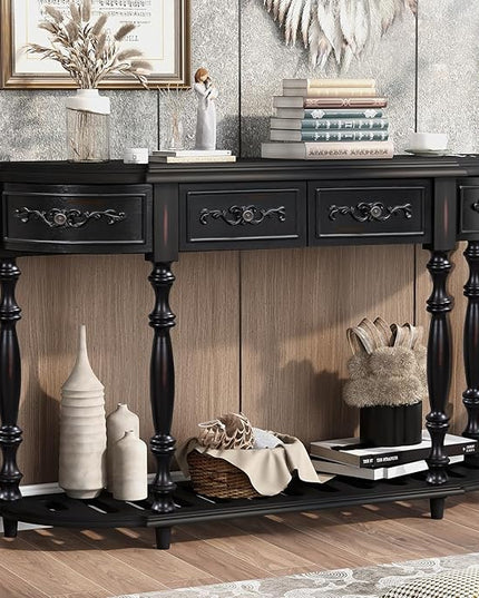 HMFULE Retro Curved Console Table, 52" Solid Wood Half Moon Console Table Sofa Table with 4 Drawers 1 Open Shelf for Living Room,Entryway,Hallway,Black