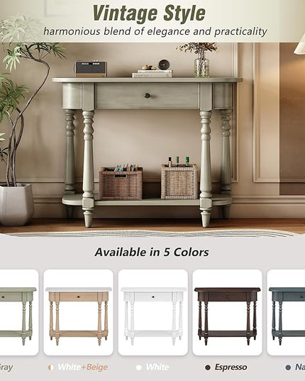 HMFULE Retro Curved Console Table, 36" Solid Wood Half Moon Console Table Sofa Table Entryway Table with 1 Drawer 1 Open Shelf Roman Legs Curved Corners for Living Room,Entryway,Hallway,Gray