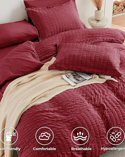 HYMOKEGE Burgundy Queen Comforter Set Seersucker 7 Pieces, All Season Luxury Bed in a Bag for Bedroom, Bedding Set with Comforters, Sheets, Pillowcases & Shams