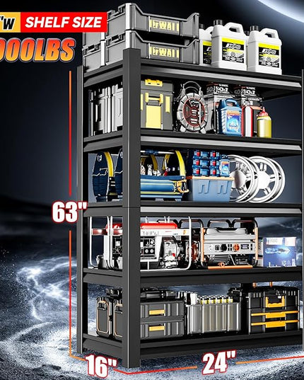 24" W Garage Shelving,5-Tier Heavy Duty Shelving Unit,3000LBS Adjustable Metal Storage Shelves,Storage Rack Units for Industrie,Shed,Warehouse,Basement,Black,24" W x 16" D x 63" H