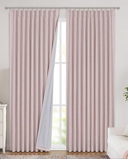 Vision Home Soft Pink Pinch Pleated Full Blackout Curtains Linen Blended Room Darkening Window Panels 90 inch for Living Room Bedroom Thermal Insulated Pinch Pleat Drapes with Hooks 60" Wx90 Lx1