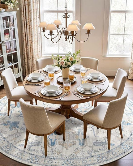 jinchan Round Rug 7ft Area Rug Vintage Floor Mat Kitchen Indoor Ultra-Thin Soft Floral Print Washable Circle 7' Accent for Farmhouse Non Slip Dining Room Living Room Bedroom Office Blue