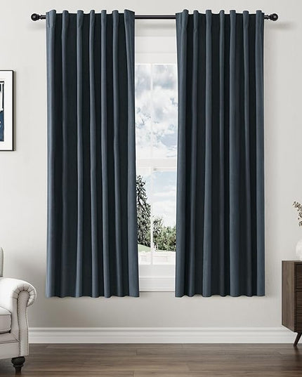 Guken 100% Blackout Linen Curtains 63 Inch Length 2 Panels Set for Living Room Bedroom Back Tab Thermal Insulated Black Out Linen Drapes Room Darkening Window Curtains,Vintage Blue