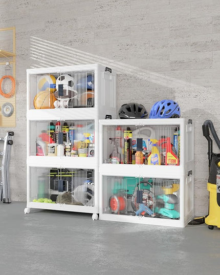 OlarHike 97QT Stackable Storage Bins with Lids - Folding Storage Box with Doors and Wheels, Collapsible Plastic Storage Drawers for Closets, 5 Pack Cubes