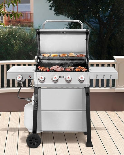 All Stainless Steel 4+1 Burner Gas BBQ Grill, Outdoor Propane Grill with Premium Enameled Coated Chamber Body & Porcelain-Enameled Cast lron Grates, 48,000 BTU