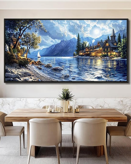 XIGUANGART Large Canvas Wall Art Blue Ocean Picture Mountain Wall Decor Lake Beside Countryside Coastal Framed Artwork for Living Room Bedroom Home Office Hotel Forest Scenery Painting Decoration