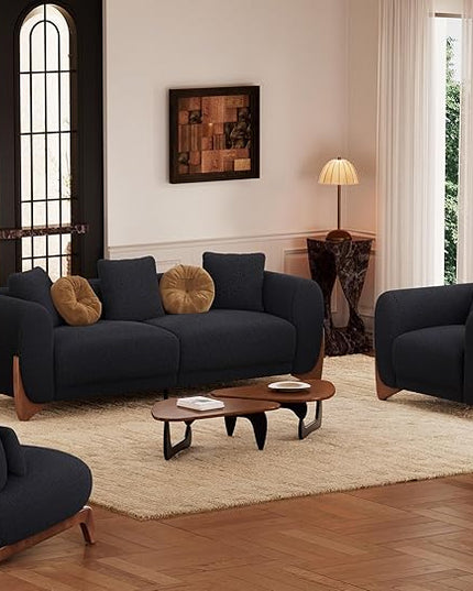 Morden Fort Modern Cloud Couch - 3 Seater Sherpa Boucle Sofa with Wood Legs, Ultra-Thick High Resilience Cushion with 3 Matching Pillows Upholstered Comfy Couch Sofa for Living Room - Black