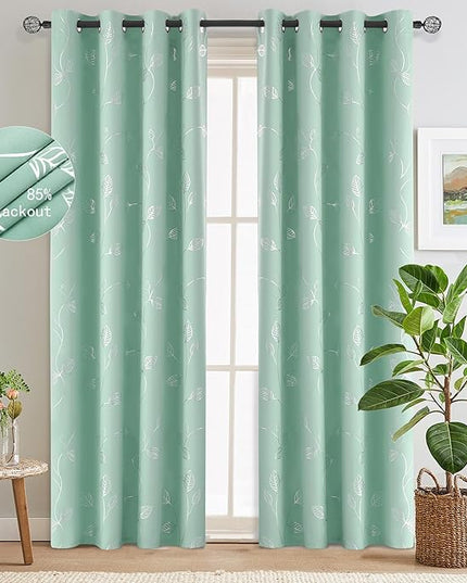 BUHUA Wave Silver Leaf Print Blackout Curtains for Living Room Darkening Curtains Light Blocking Curtains for Bedroom 52W×84L Aqua 2 Panels