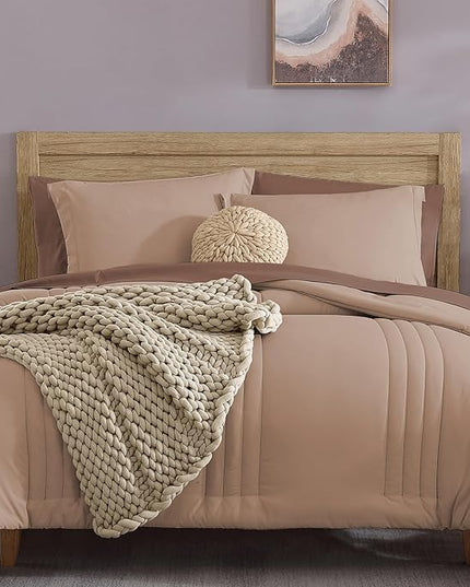 Monbix Queen Comforter Set - 7 Pieces Rust Pink Bed in a Bag Queen Bedding Sets with Comforters, All Seasons Comforter Bed Set with Sheets,Pillowcases & Shams