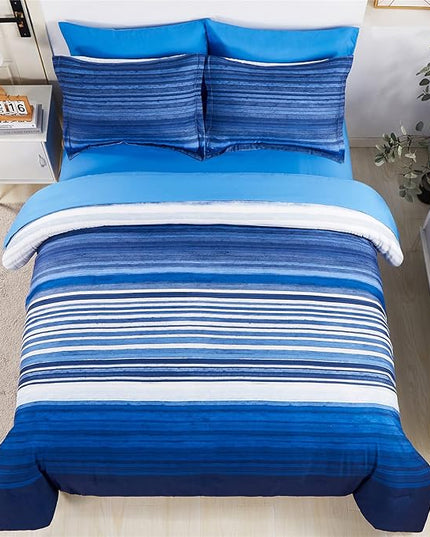 KAKIJUMN 7 Piece Bed in a Bag Stripe Comforter Set King Size, White and Blue Patchwork Striped Comforter and Sheet Set, All Season Soft Microfiber Complete Bedding Sets(Blue,King)