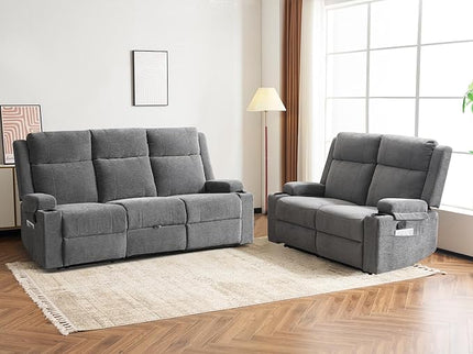 Manual Living Room Reclining Sofa Set, Comfy Chenille Loveseat Recliner Sofa & Deep Seat Reclining Couch, RV Wall Hugger Recliner Sofa Set for Living Room Furniture Sets(Gray)