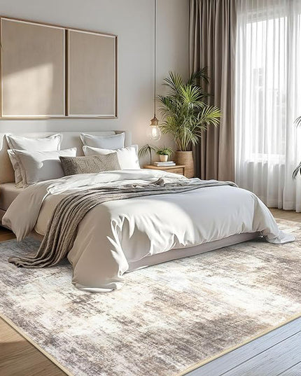 IOHOUZE Abstract Area Rugs 8x10 Ft Washable Large Rugs for Living Room, Non Slip Dining Room Rug, Printed Faux Wool Rugs for Bedroom, Floor Carpet for Office Nursery Playroom, Beige Brown