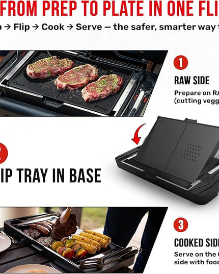 Grillbot FlipTray Dual-Sided Grilling Prep and Serving Tray - Raw/Cooked Food Separation, BBQ Grill Carry System Tray, Built-in Stainless Tools, BPA-Free, Dishwasher Safe, Tray for Outdoor Grill