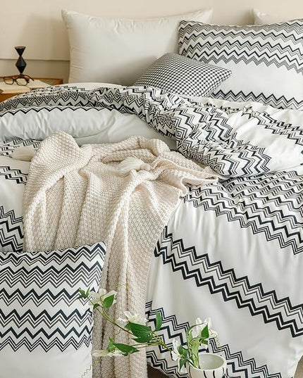 Houseri Black and White Boho Comforter Set Queen Black Wave Farmhouse Bedding Sets Queen Size Women Men Artistic Stripes Geometric Bed Set Soft Comfy Lightweight Quilt Blanket Queen