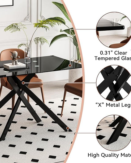 51" Rectangular Glass Dining Table Modern Kitchen Glass Top Table for 4 with Black Metal Legs, Clear Dining Table Kitchen Table for Home Office Dining Room
