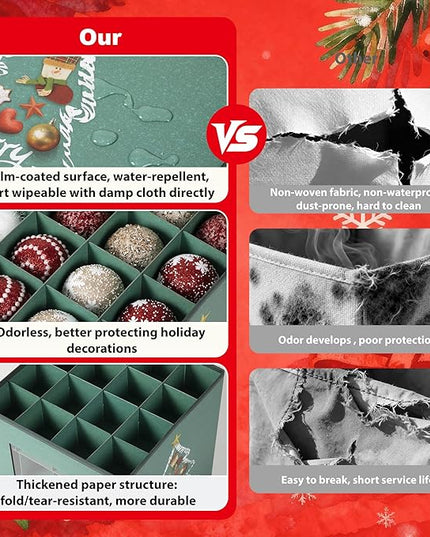 Christmas Ornament Storage Box with Lid - Holds 64 Ornaments, Large Sturdy & Foldable Organizer Case for Holiday Decor 11.8x11.8x11.8 Inch