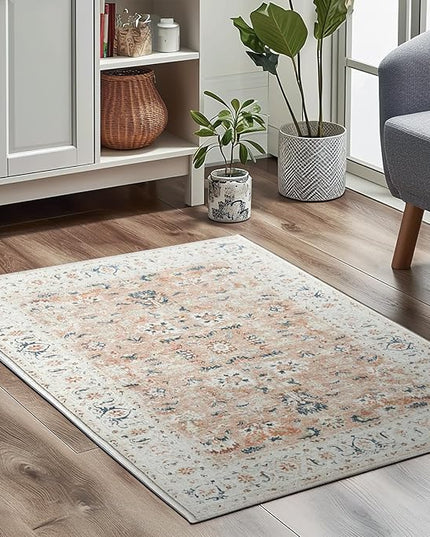 jinchan Area Rug 3x5 Entryway Rug - Washable Vintage Boho Floral Floor Cover Lightweight Low Pile Indoor Doormat Thin Non-Slip Carpet for Kitchen Living Room Bedroom Dining Room Office Pink Blush
