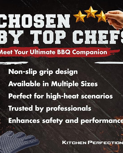 KITCHEN PERFECTION Silicone Smoker Oven Gloves - Extreme Heat Resistant BBQ Gloves - Handle Hot Food Right on Your Smoker Grill Fryer Pit | Waterproof Oven Mitts | Superior Value Set + 3 Bonuses
