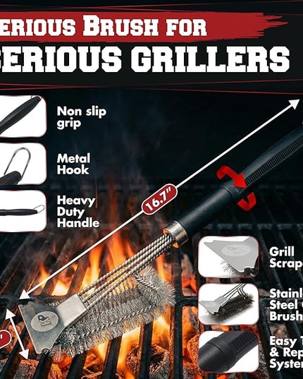 KITCHEN PERFECTION GrillSaver - Safe BBQ Grill Brush with Replaceable Cleaning Head - Heavy-Duty Grill Cleaner with Scraper, Magnetic Hanger, Bottle Opener -Powerful Cleaning Tool for All Grill Grates