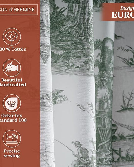 Maison d' Hermine Curtains for Living Room 100% Cotton 124 inch Length Two Panels Light Filtering Toile Curtains with Rod and Loop Pockets (Calais Antique Green (White Background), 50" W x 124" L)
