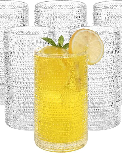 Vintage Hobnail Drinking Glasses Set of 6, 16 oz Large Capacity Embossed Clear Tumblers, Highball Glasses for Water, Cocktail, Beer, Whiskey, Kitchen & Bar Use