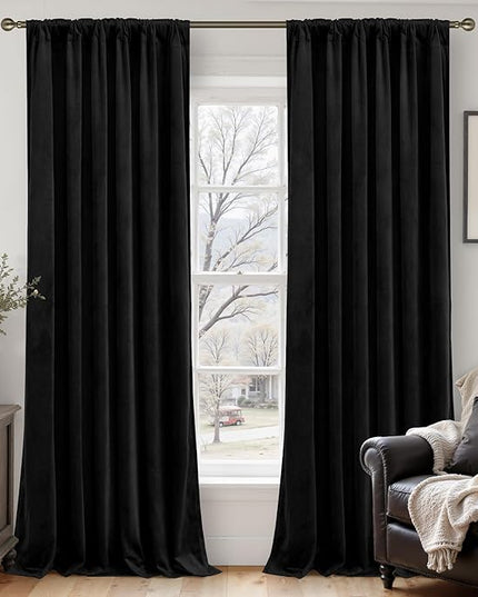 LAMIT Velvet Blackout Curtains for Bedroom 102 Inch Length, Halloween Black Room Darkening Thermal Panels Privacy Protected Back Tab and Rod Pocket Drapes for Living Room, 2 Panels, 52 x 102 Inch