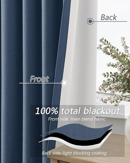 Guken Blackout Curtains 63 Inch Length 2 Panels Set for Living Room Bedroom Back Tab Thermal Insulated 100% Black Out Linen Drapes Room Darkening Window Curtains 63 Inches Long,Denim Blue