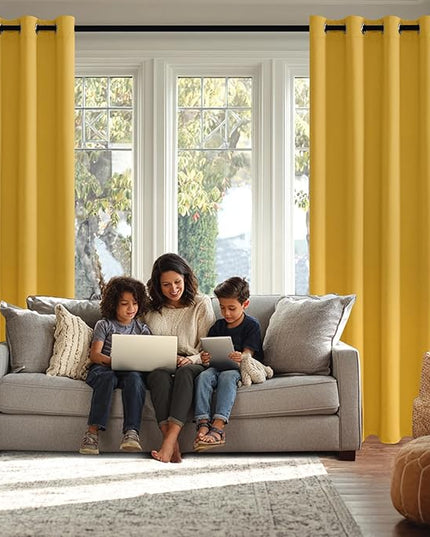JIUZHEN Blackout Curtains with Tiebacks - Thermal Insulated, Light Blocking and Noise Reducing Grommet Curtain Drapes for Bedroom and Living Room, Set of 2 Panels, Yellow, 38 x 54 Inch Length