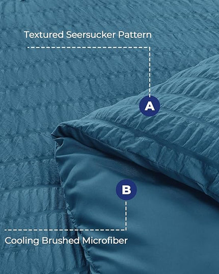 HYMOKEGE Teal King Size Comforter Set Seersucker 7 Pieces, All Season Luxury Bed in a Bag for Bedroom, Bedding Set with Comforters, Sheets, Pillowcases & Shams