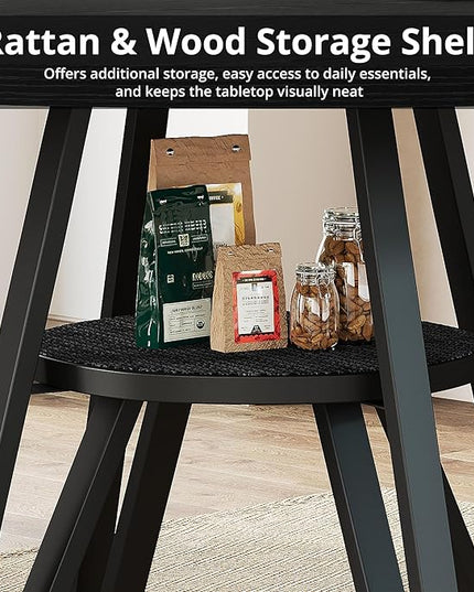LIKIMIO Round Dining Table for 4, 47.2” Wooden Kitchen Table with Rattan Storage Shelf, Space-Saving for Modern Dining Room, Living Room, Black