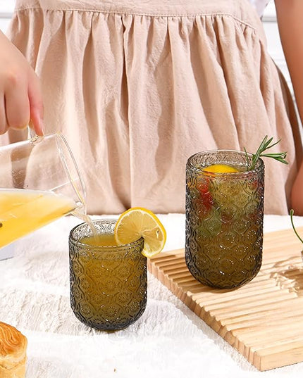 Grey Drinking Glasses Set of 8, 12 Oz Highball & 10 Oz Cocktail Glasses, Gray Kitchen Vintage Glassware Set, Floral Embossed Glass Tumbler Cups for Water, Beer, Juice, Whiskey, Coffee
