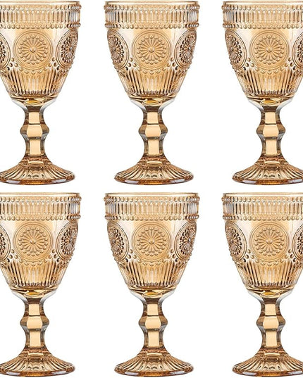 Vintage Wine Glasses Set of 6, 10 Ounces Colored Glass Water Goblets, Unique Flower Embossed Pattern High Clear Stemmed Glassware Wedding Party Bar Glass Drinking Cups Flower Amber Fancy Glasses
