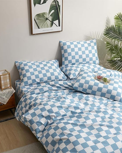 CLOTHKNOW Blue White Plaid Queen Comforter Set 3Pcs Grid Bedding Comforter Sets All Season Light Blue Comforter Checker Queen Size Comforter Sets