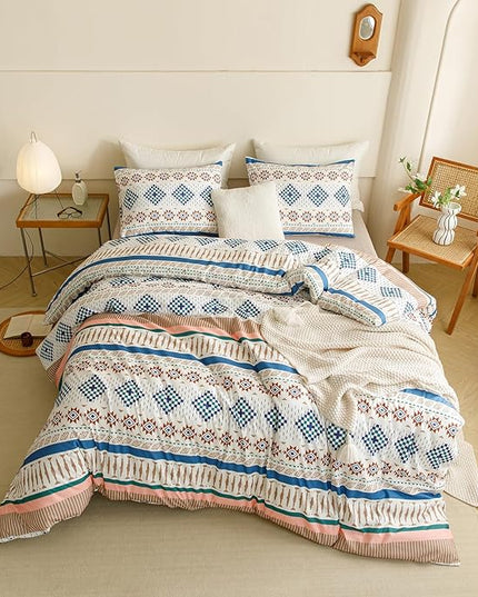 Houseri Colorful Boho Comforter Set Queen Blue Green Plaid Striped Orange Blush Diamonds Geometric Bedding Sets Queen Size Western Bohemian Bed Set Warm Soft Cozy Comfy Rustic Chic Quilt Blanket Queen